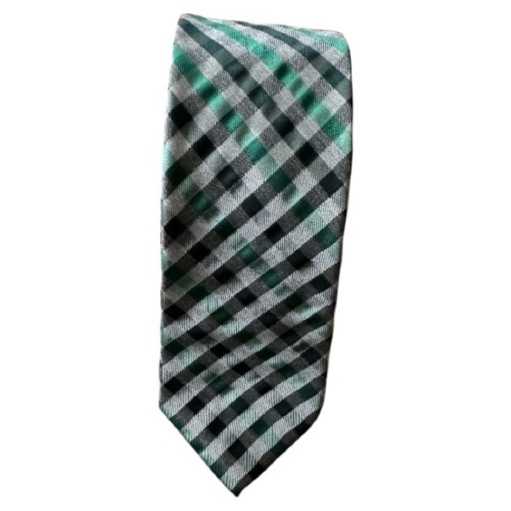 JF J. Ferrar Men's Necktie Tie  Silk rayon Green Gray White Stripe Slim